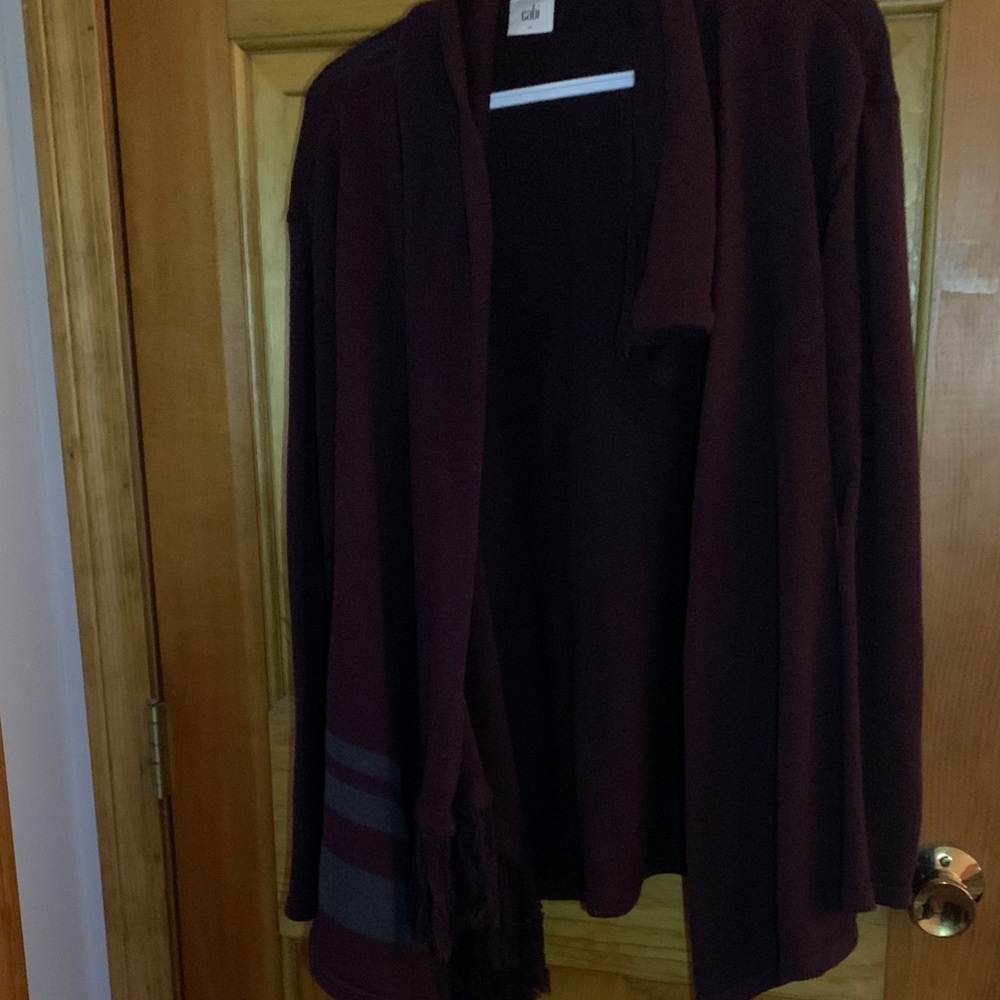 CAbi Deep Burgundy Cardigan with Gray Stripes